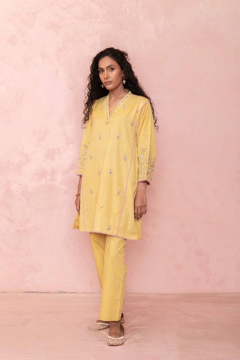Mustard Embroidered Kurta and Pant Co-ord Set