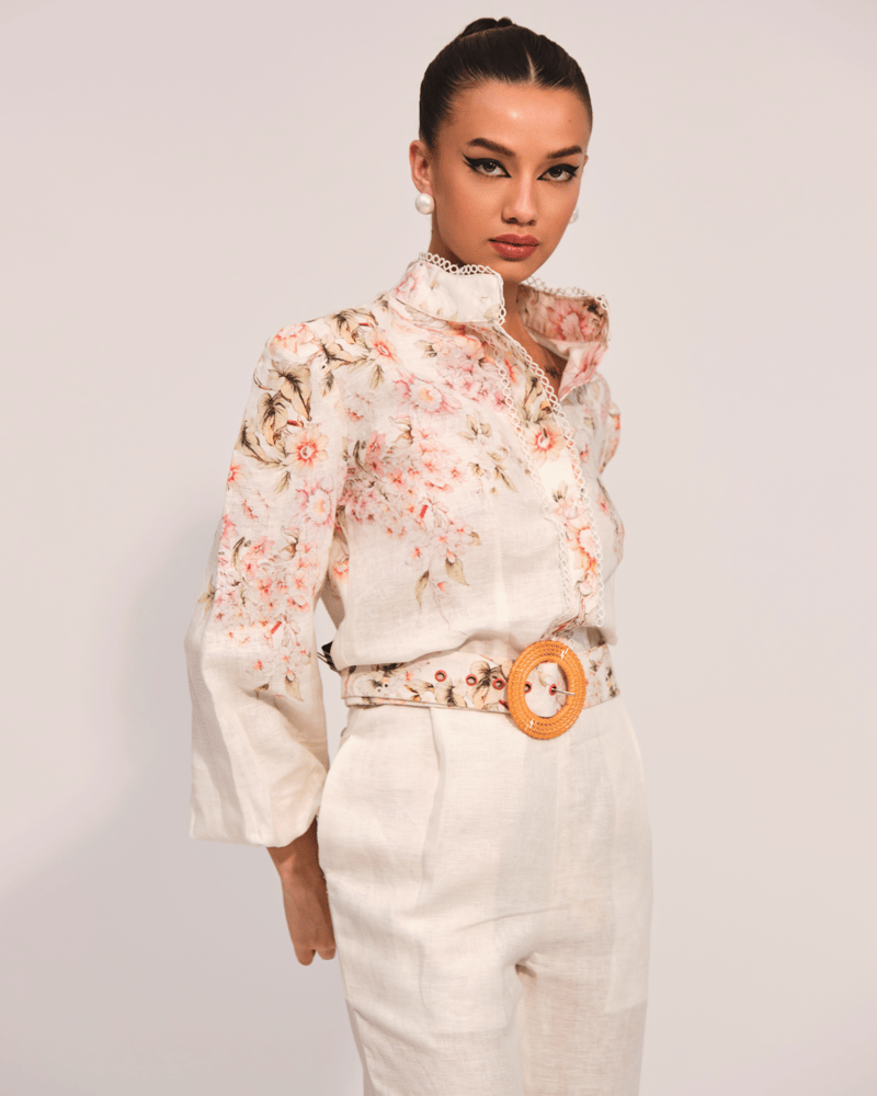 Apricot Floral Linen Shirt and Wide-Leg Pants Co-ord Set