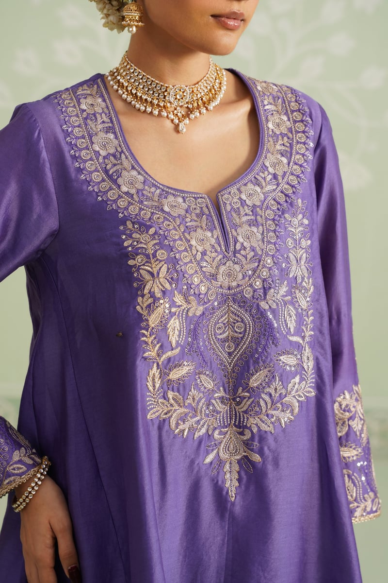 Purple Embroidered Chanderi Kurta Set with Salwar