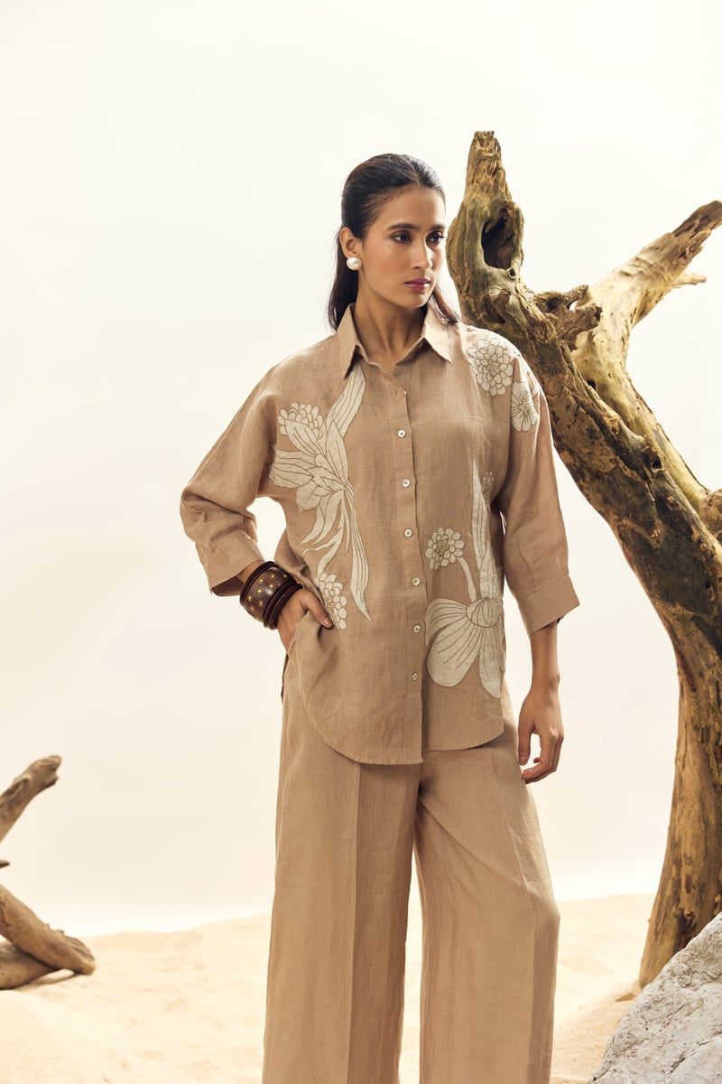 Khaki Linen Wide-Leg Trousers