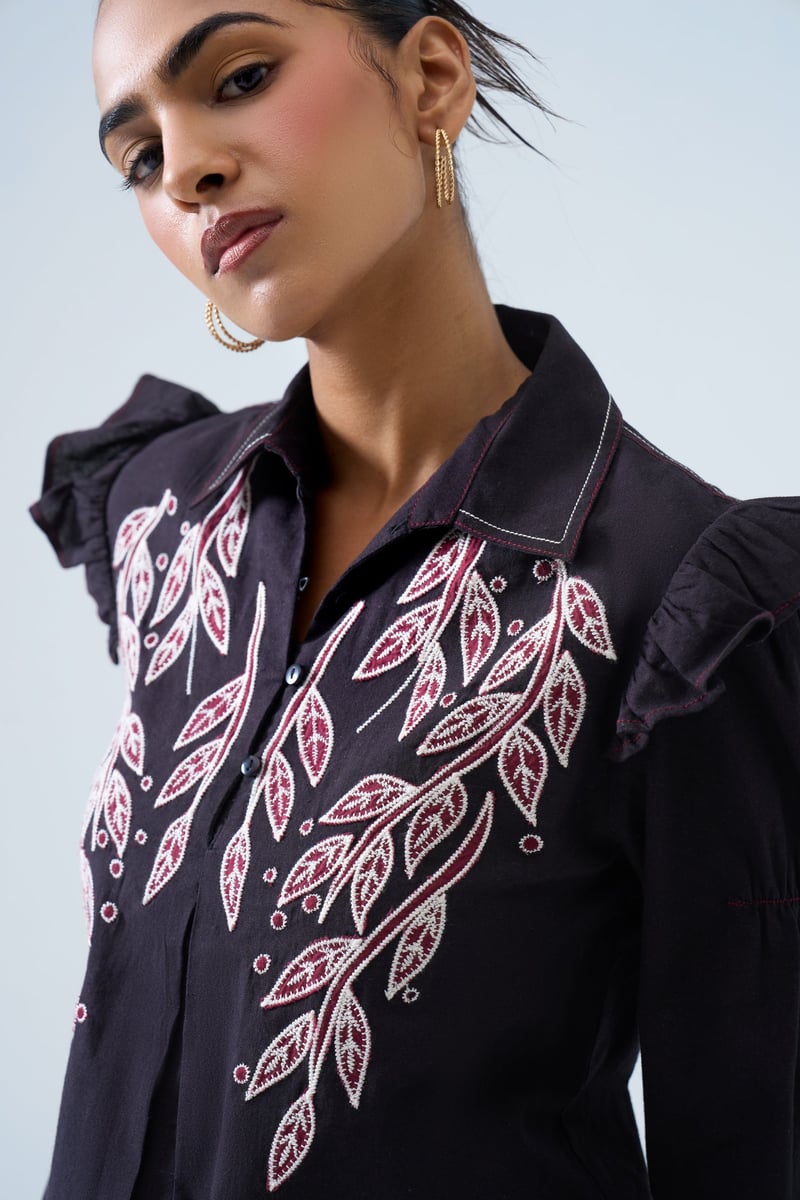 Black Embroidered Ruffle-Shoulder Cotton Flex Shirt