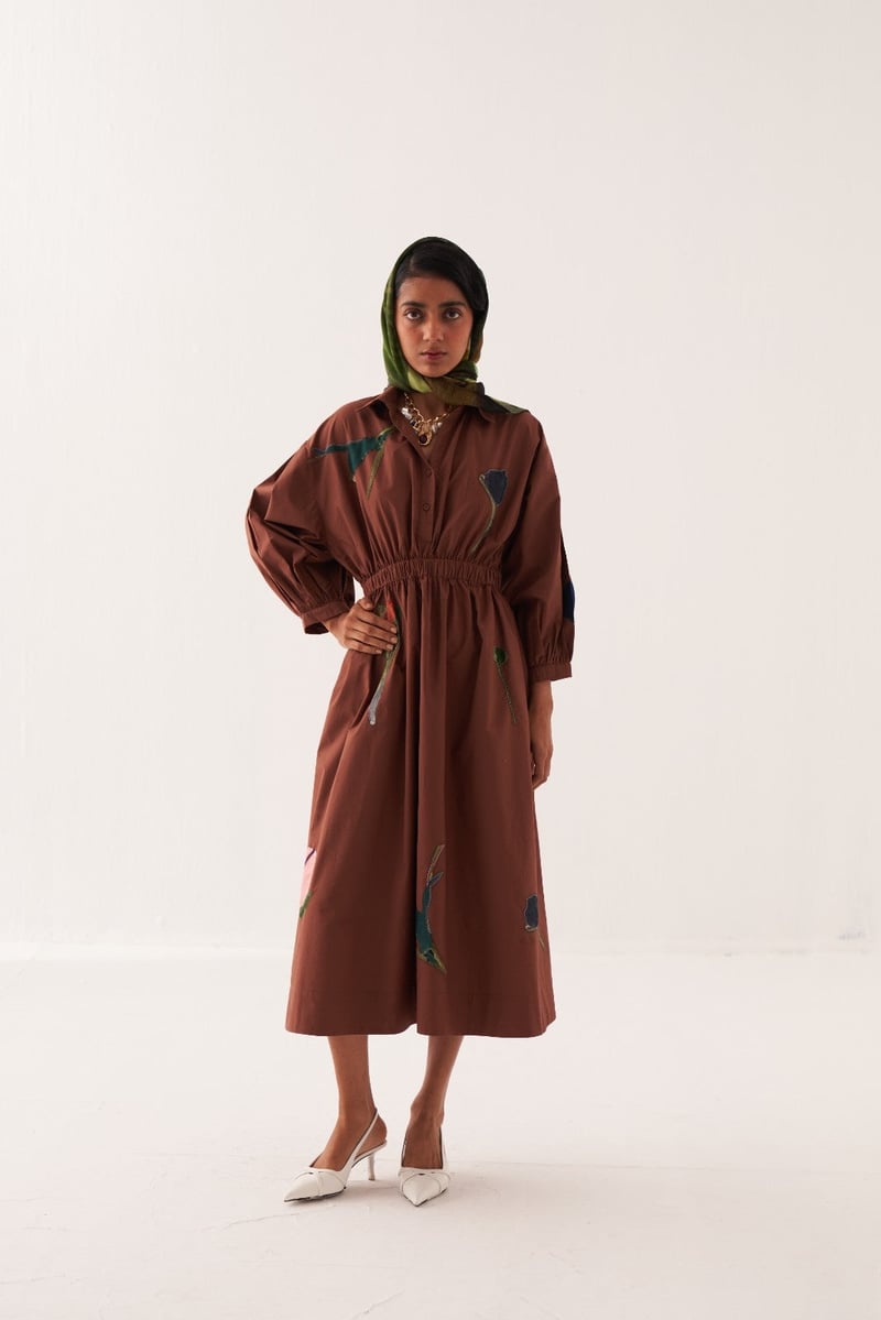 Brown Midi A-Line Shirt Dress with Floral Applique