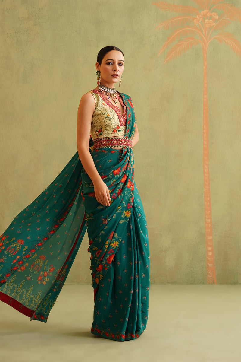 Green and Cream Pre-Draped Bemberg Crepe Saree Set