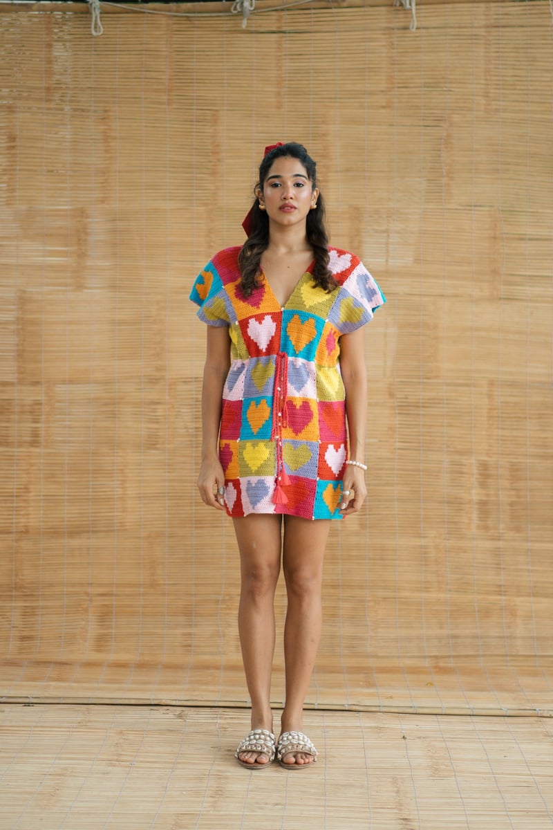 Multicolour Crochet Colorblock Heart Mini Dress with Tie-Up