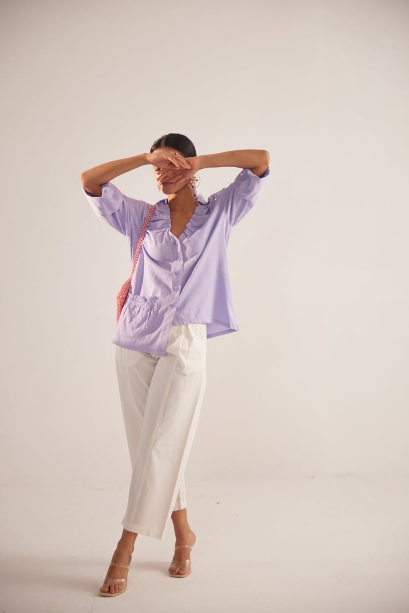 Lavender Cotton Satin Ruched V-Neck High-Low Shirt