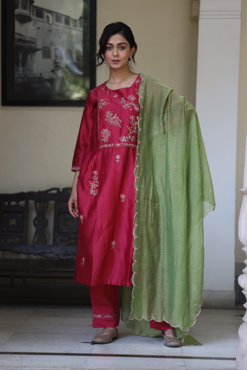 Magenta Pink Chanderi Embroidered Kurta Set
