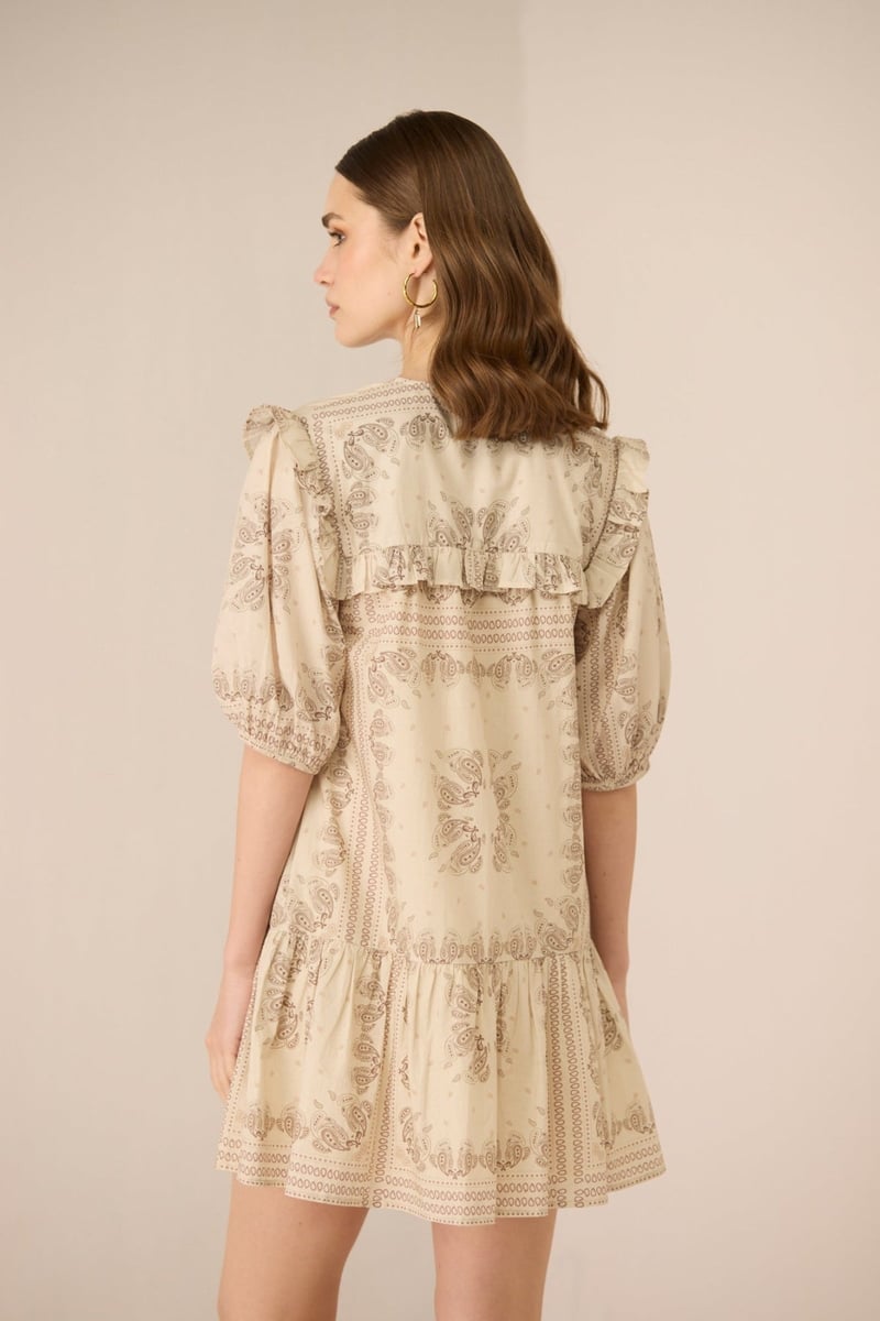 Paisley Brown Cotton A-Line Mini Dress with Ruffle Yoke
