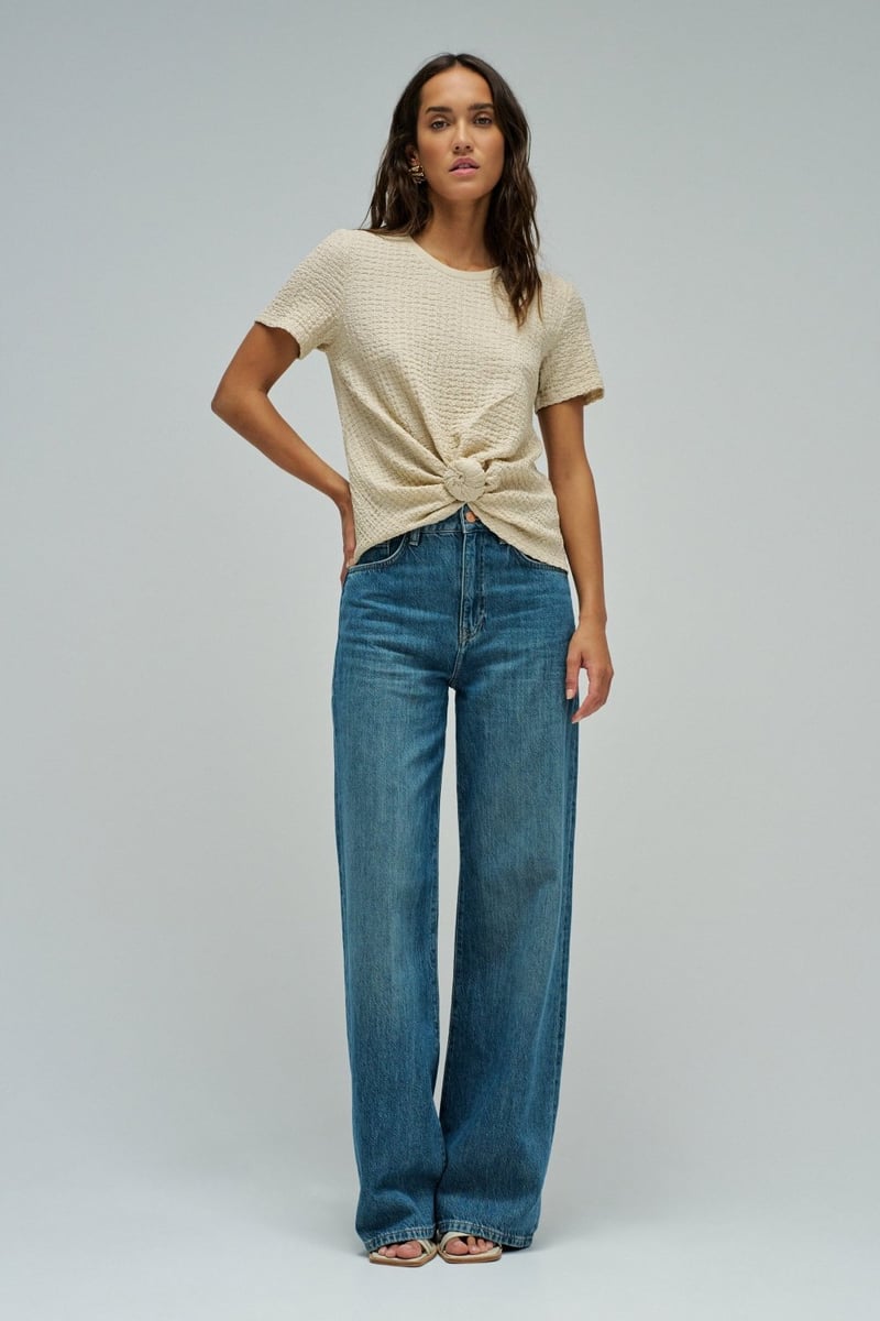 Textured Beige Round-Neck Knot-Front T-Shirt
