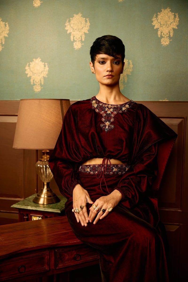 Maroon Micro Velvet Drape Maxi Skirt with Side Slit