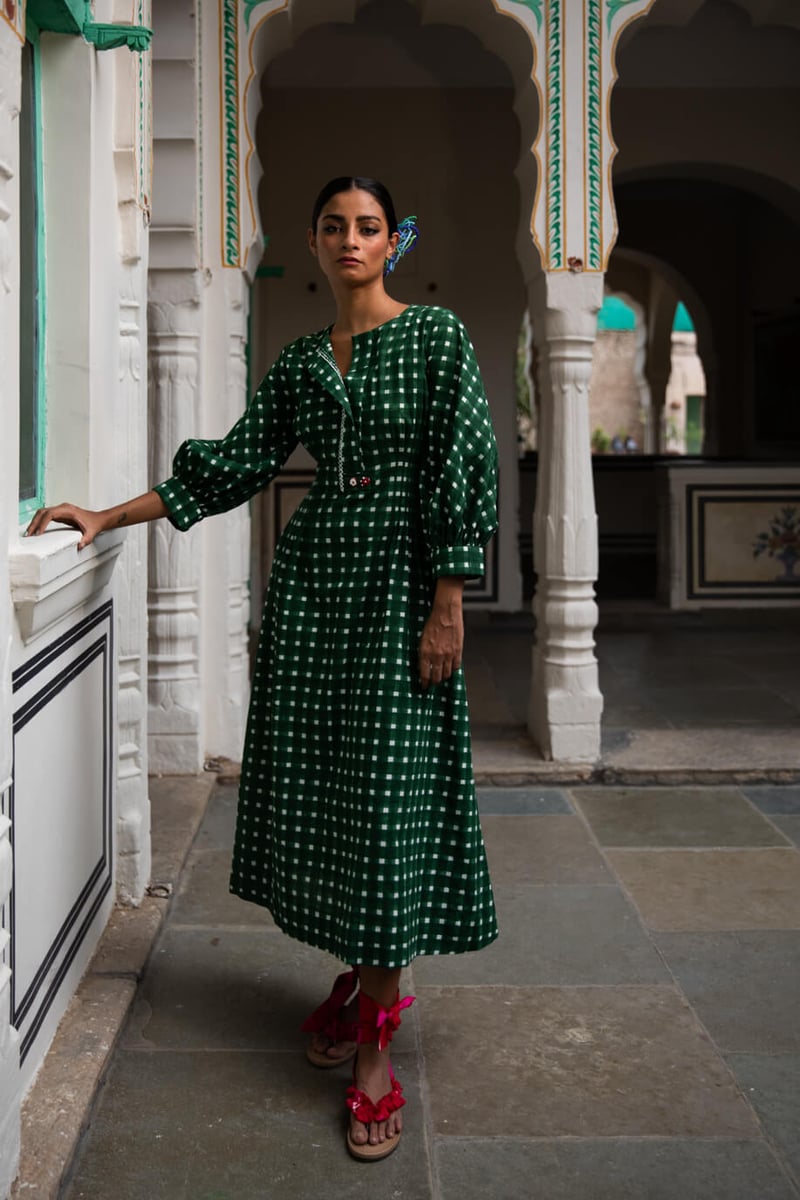 Green Checked Fit and Flare Midi Dress