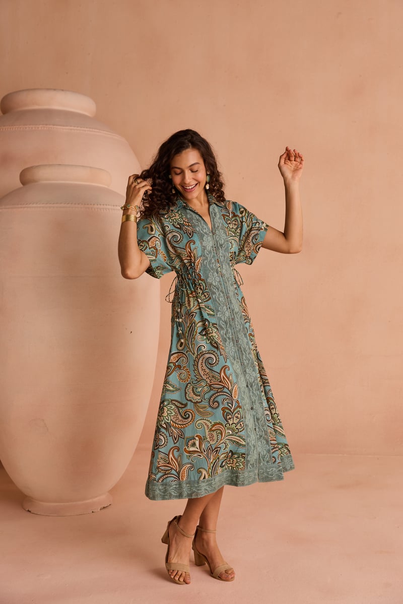 Blue Paisley Print Midi Shirt Dress with Waist Ties