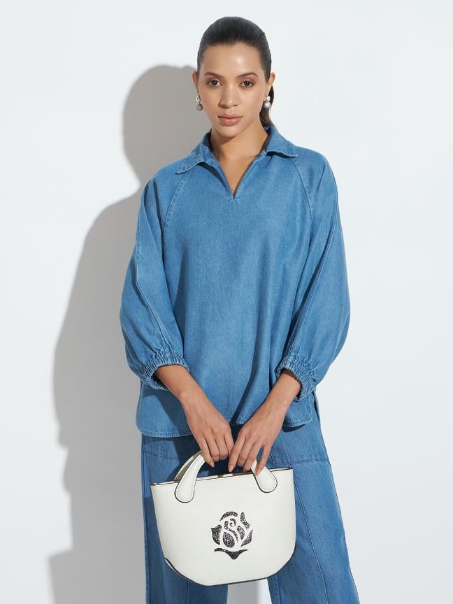 Light Denim Embroidered Co-ord Set with Straight Trousers