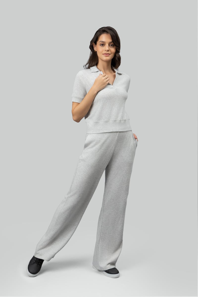 Grey Ottoman Rib Wide-Leg Lounge Pants