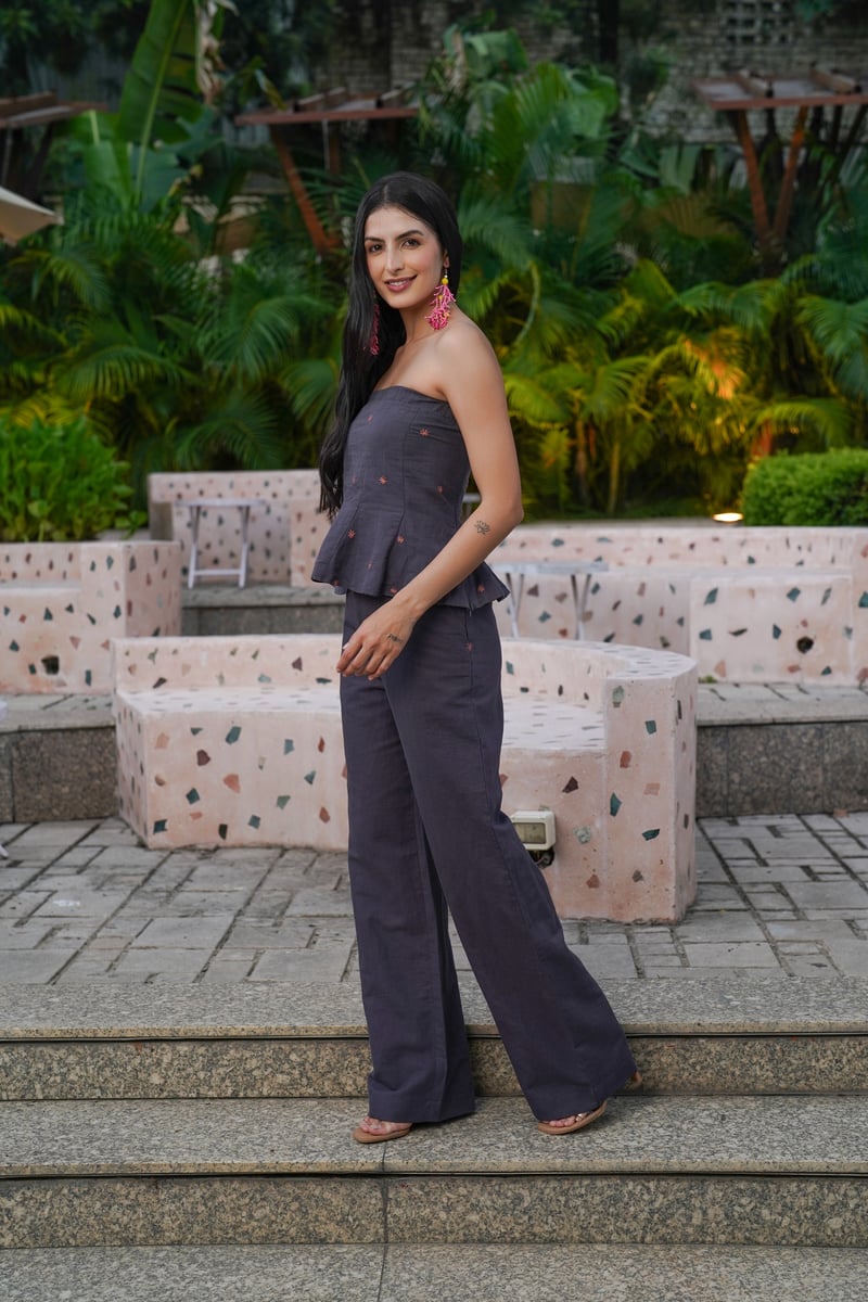 Periscope Blue Linen Embroidered Peplum Tube Top