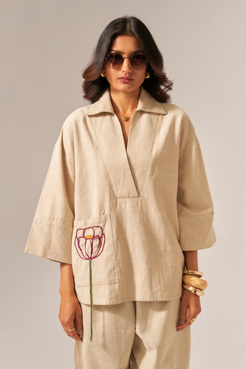 Beige Cotton Slub Shirt and Tapered Pants Co-ord Set