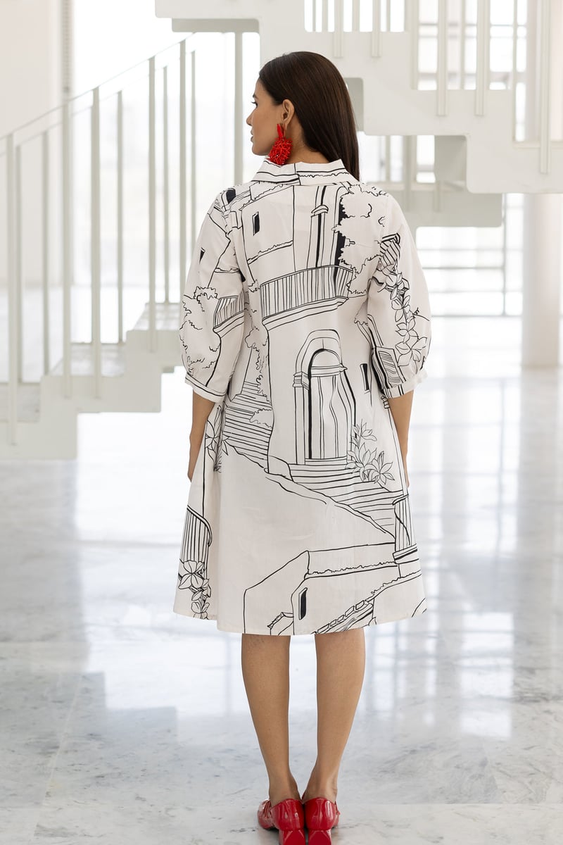 White Graphic Print Shirt Dress