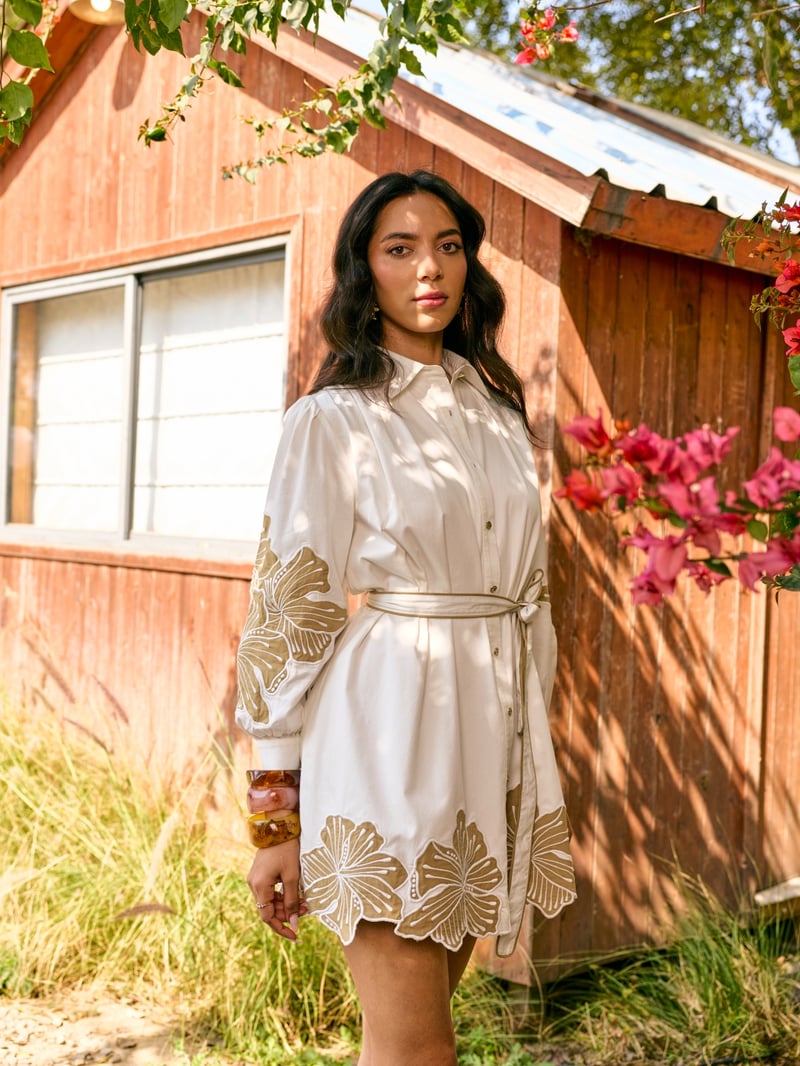 White Belted Floral Motif Mini Shirt Dress