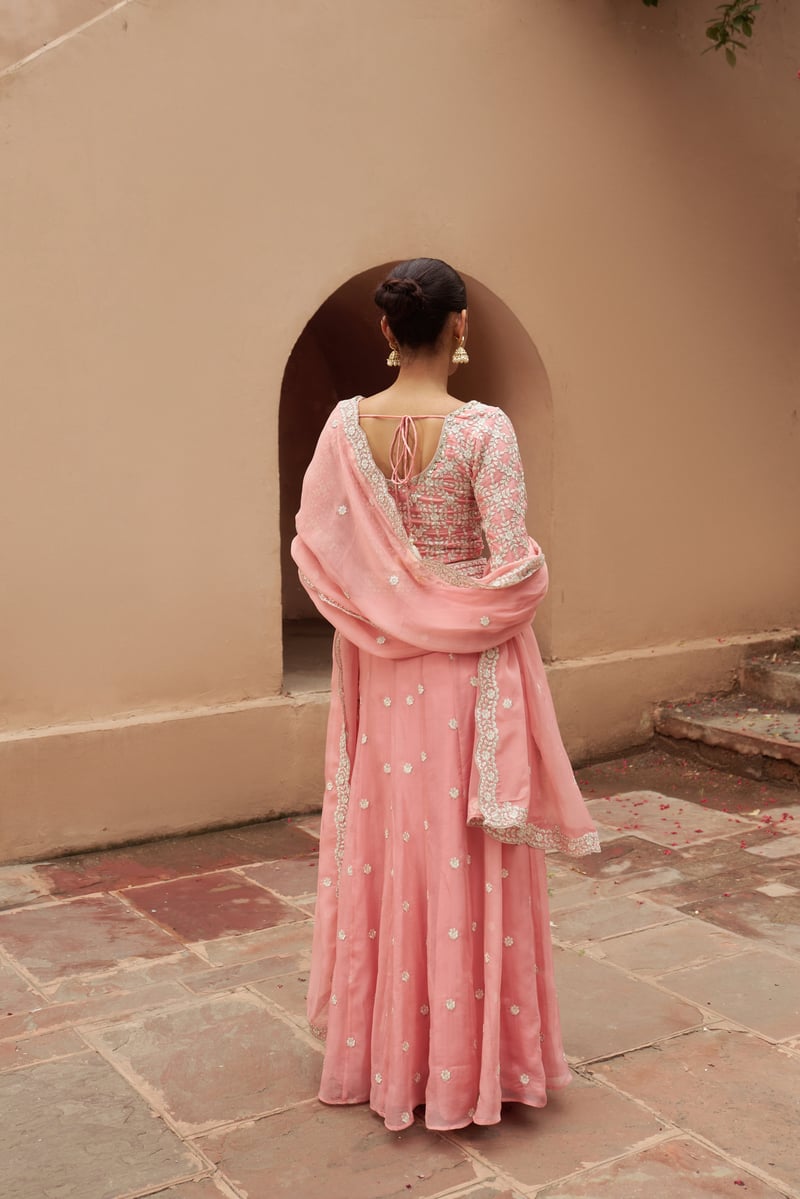 Pink Organza Embroidered Lehenga Set with Dupatta