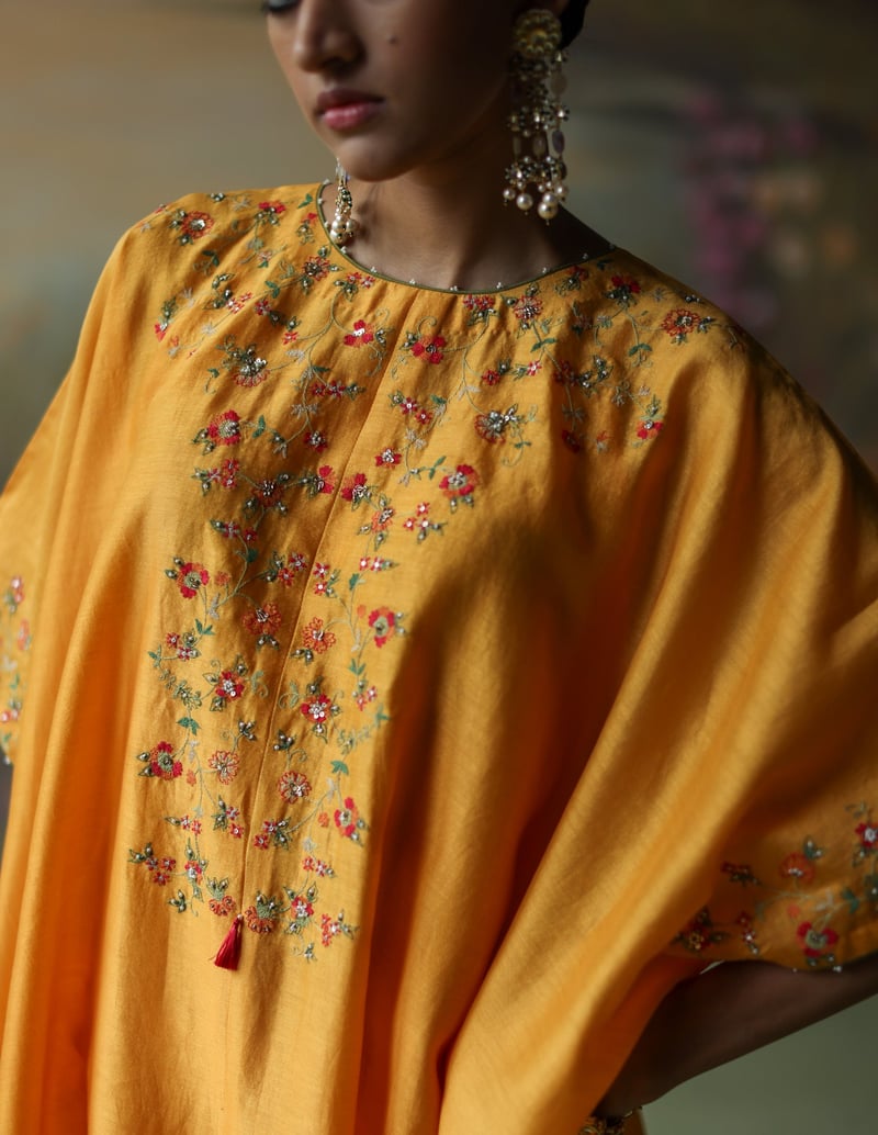 Turmeric Silk Chanderi Kaftan Co-ord Set with Slip