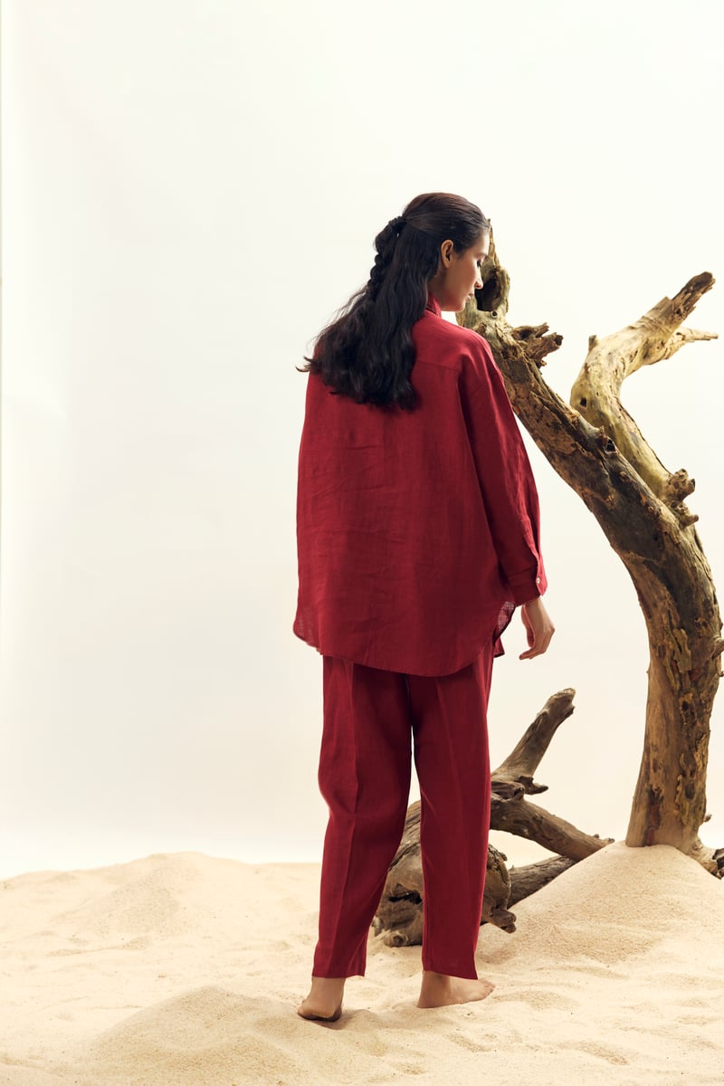 Crimson Linen Shirt and Trousers Co-ord Set