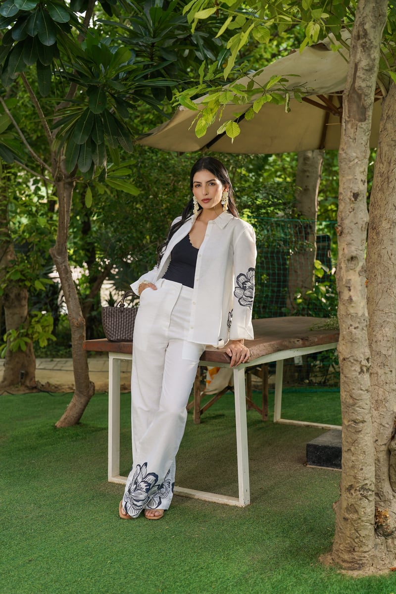 Ivory High-Rise Straight-Leg Trousers with Hem Embroidery