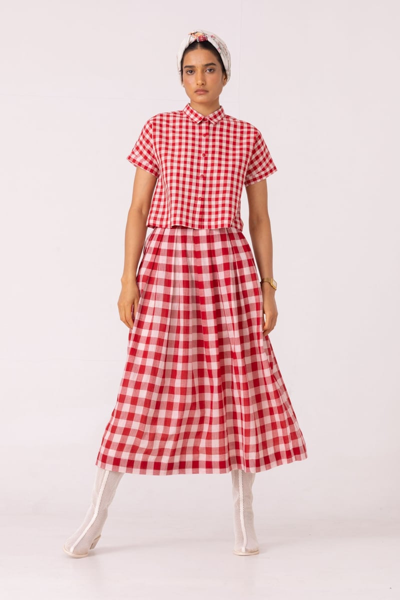 Red Checked Handwoven Cotton Midi Skirt with Box Pleats