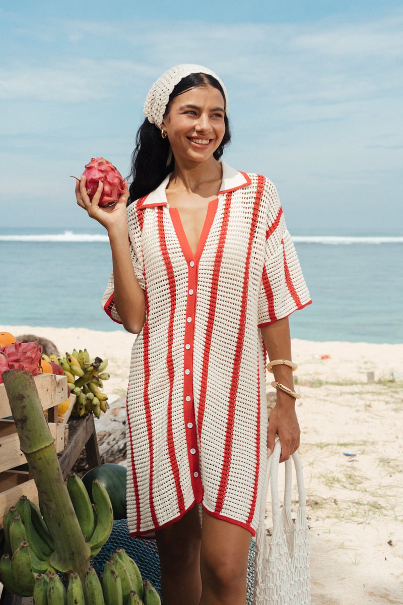 Red and White Striped Crochet Knit Shirt Dress