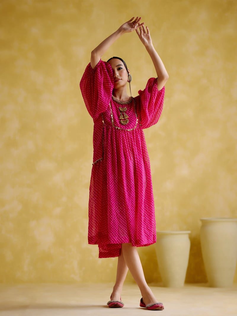 Purple Lehriya Printed Midi Kurta with Embellished Yoke