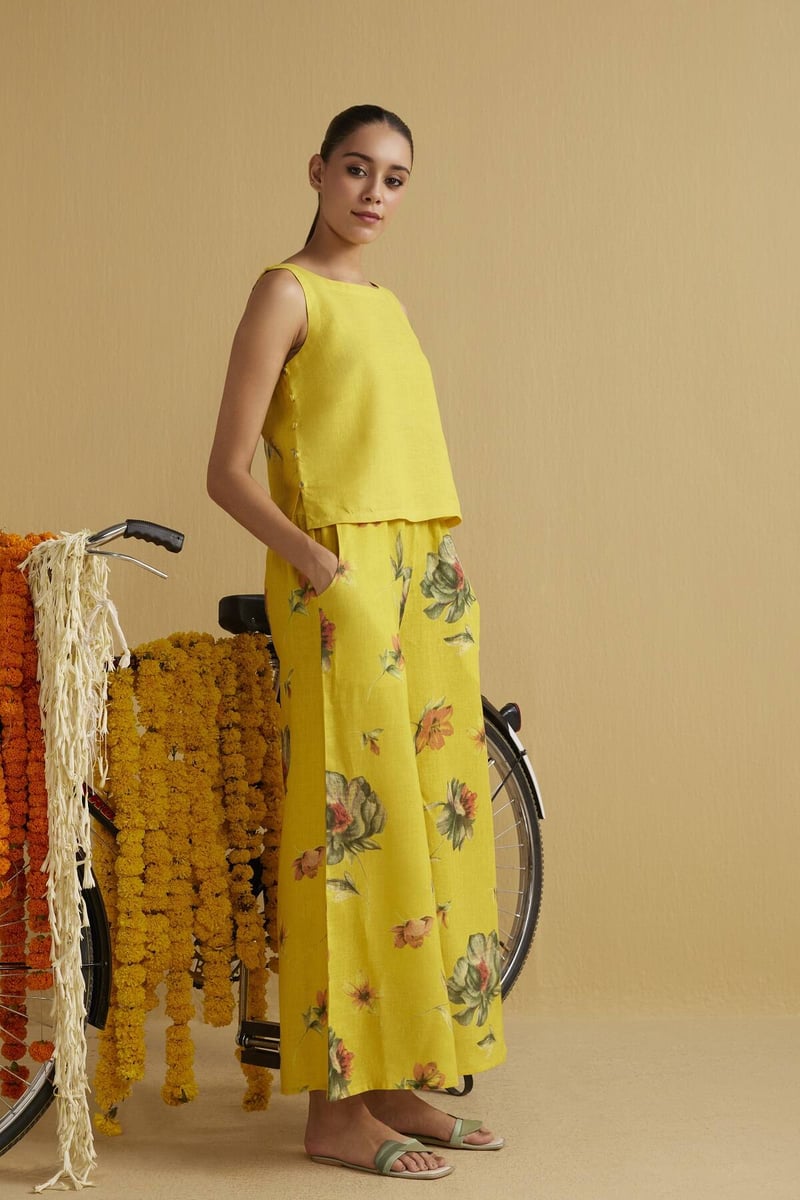 Bumblebee Yellow Linen Floral Palazzo Pants