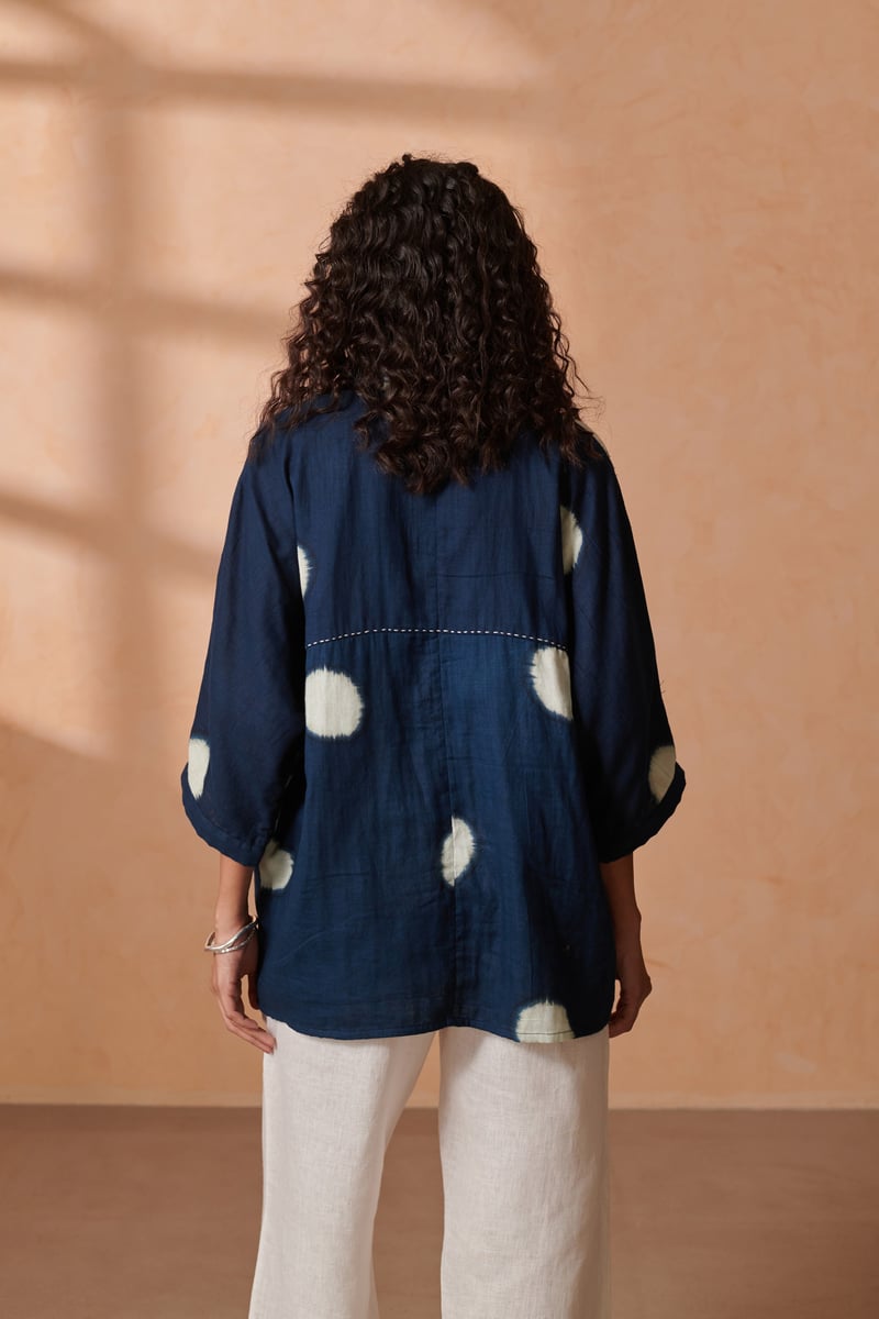 Indigo Ivory Dot Boxy Button-Down Double Gauze Cotton Shirt