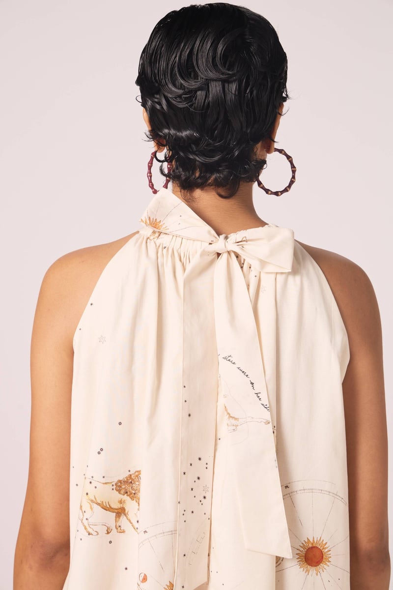 Beige Zodiac Print Halter Mini Dress with Bow-Tie Back
