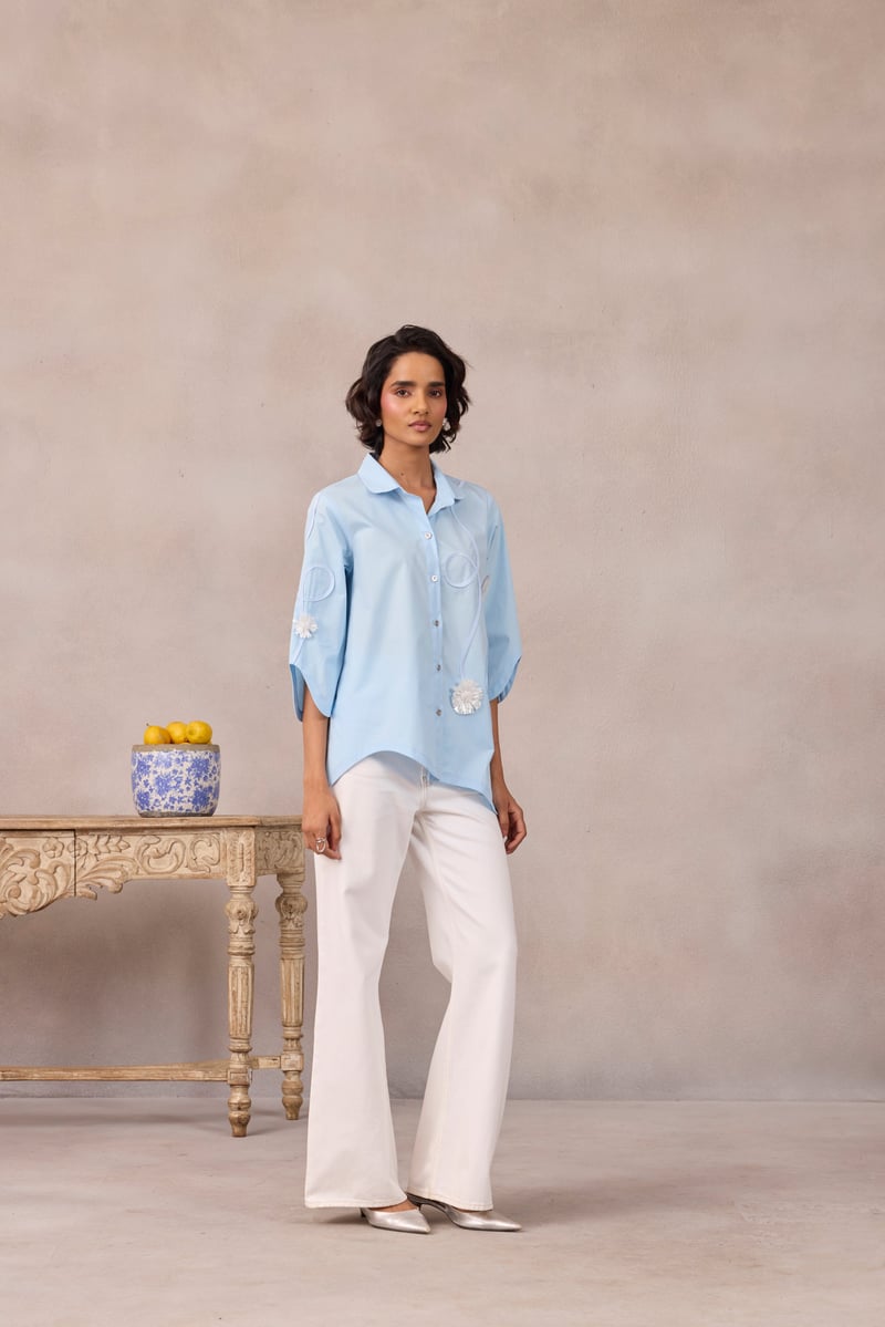 Frost Blue Applique Button-Down Shirt with Wave Hem