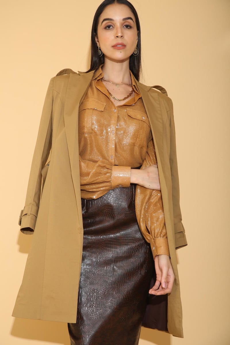 Burnt Gold Sequin Button-Down Shirt with Balloon Sleeves