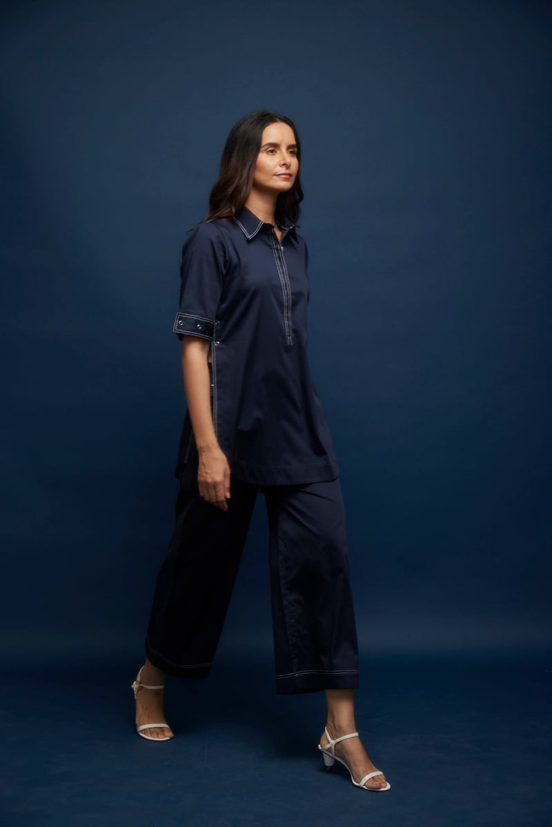 Navy Blue Cotton Satin Side-Open Co-ord Set