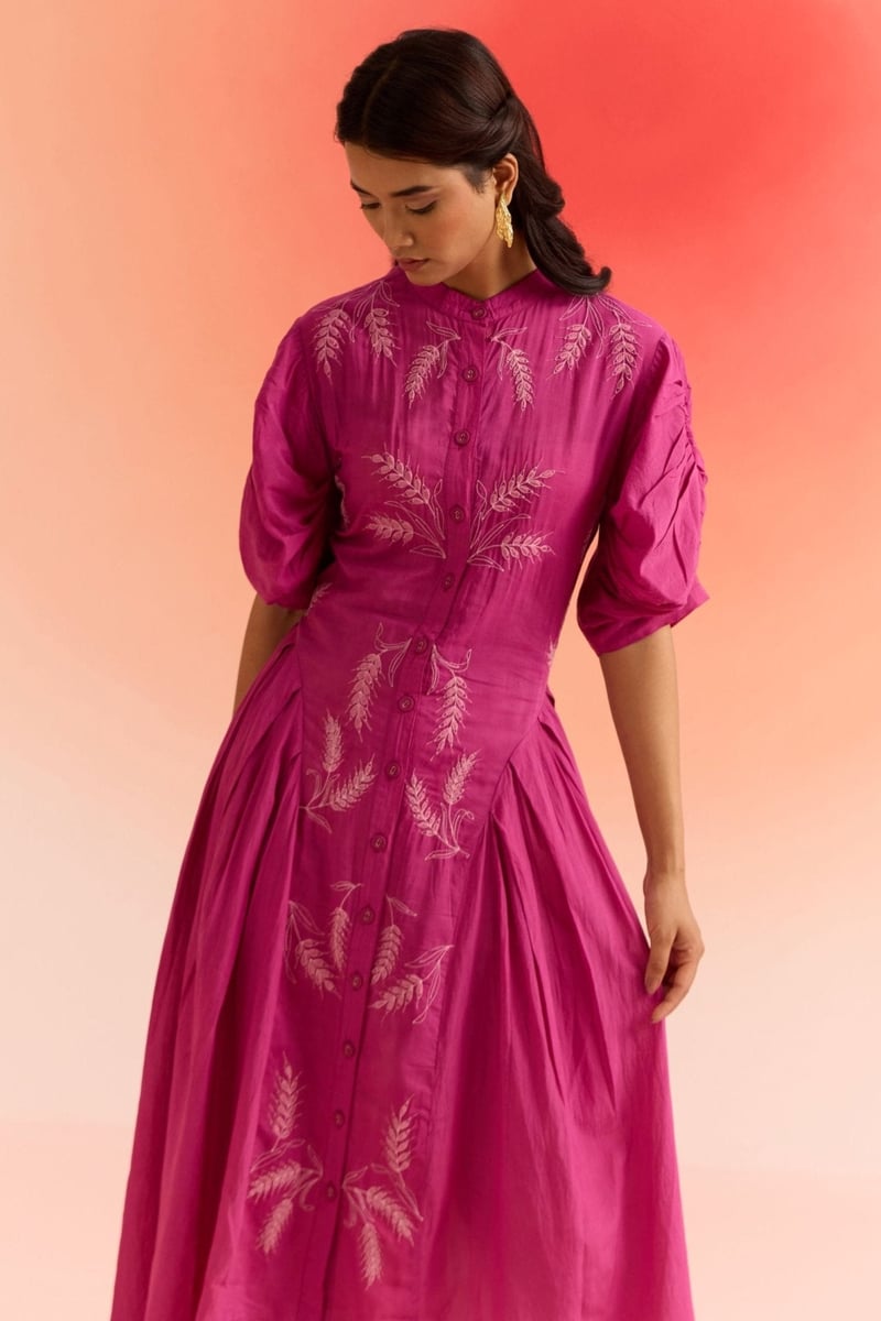 Magenta Pink Dori Embroidered Fit and Flare Maxi Dress