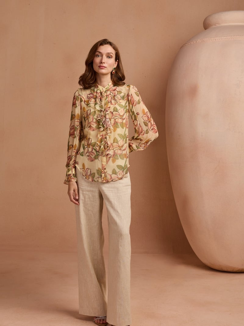 Yellow Floral Chiffon Ruffle High-Neck Top
