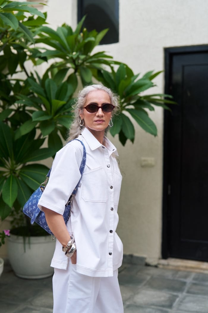 White Denim Oversized Shirt and Flared Pants Co-ord Set
