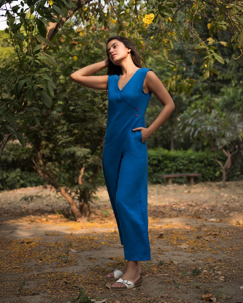 Blue Linen Wrap-Front Wide-Leg Jumpsuit