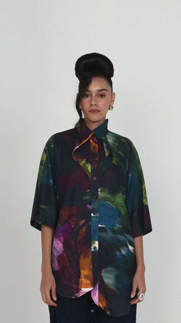 Multicolor Abstract Print Oversized Cotton Satin Shirt — ART LOV AFFAIR