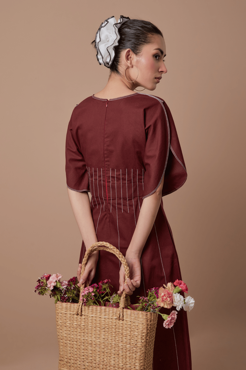 Maroon A-Line Midi Dress in Organic Cotton Twill