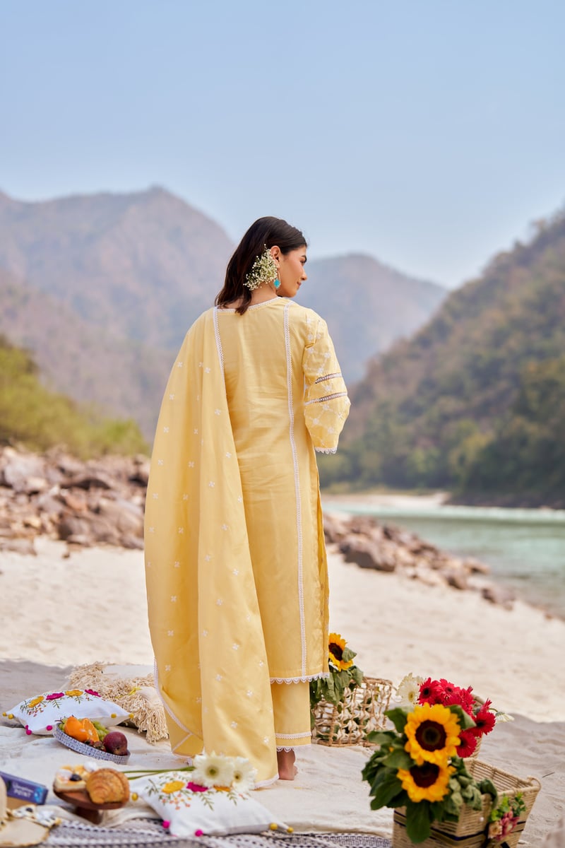 Yellow Cotton Embroidered Kurta Set With Dupatta