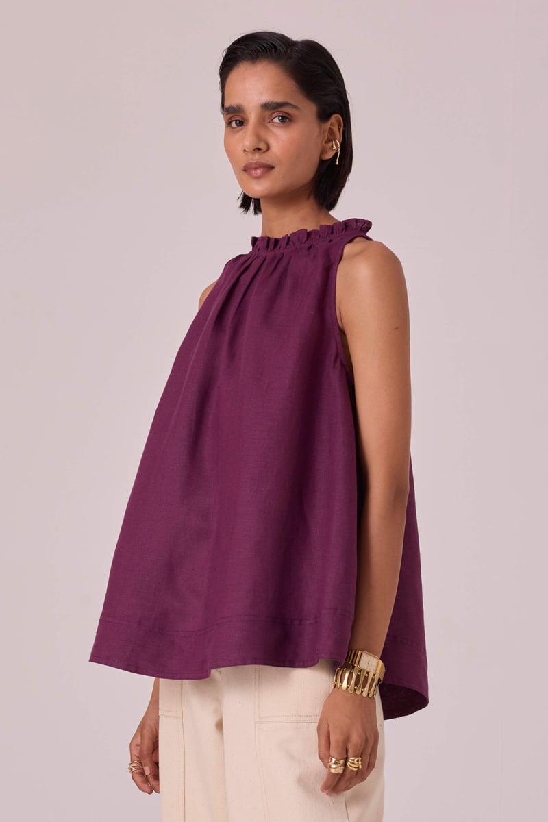 Purple Linen Halter Neck Flowy Top with Ruffle Neckline