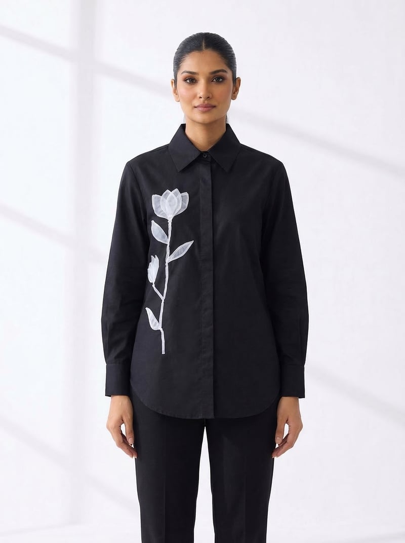 Black Cotton Button-Down Shirt with Floral Applique — KIHIKI
