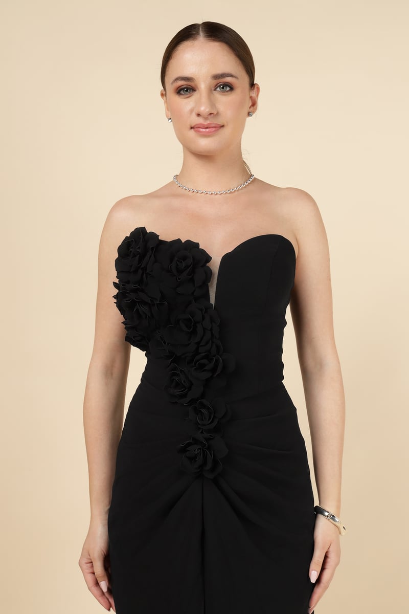Black Strapless Sweetheart Maxi Gown with 3D Floral Applique