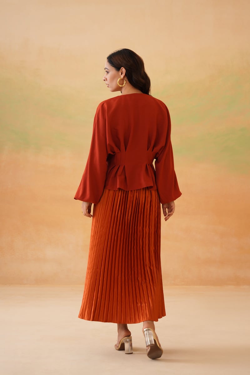 Rust V-Neck Button-Front Top and Pleated Maxi Skirt Set