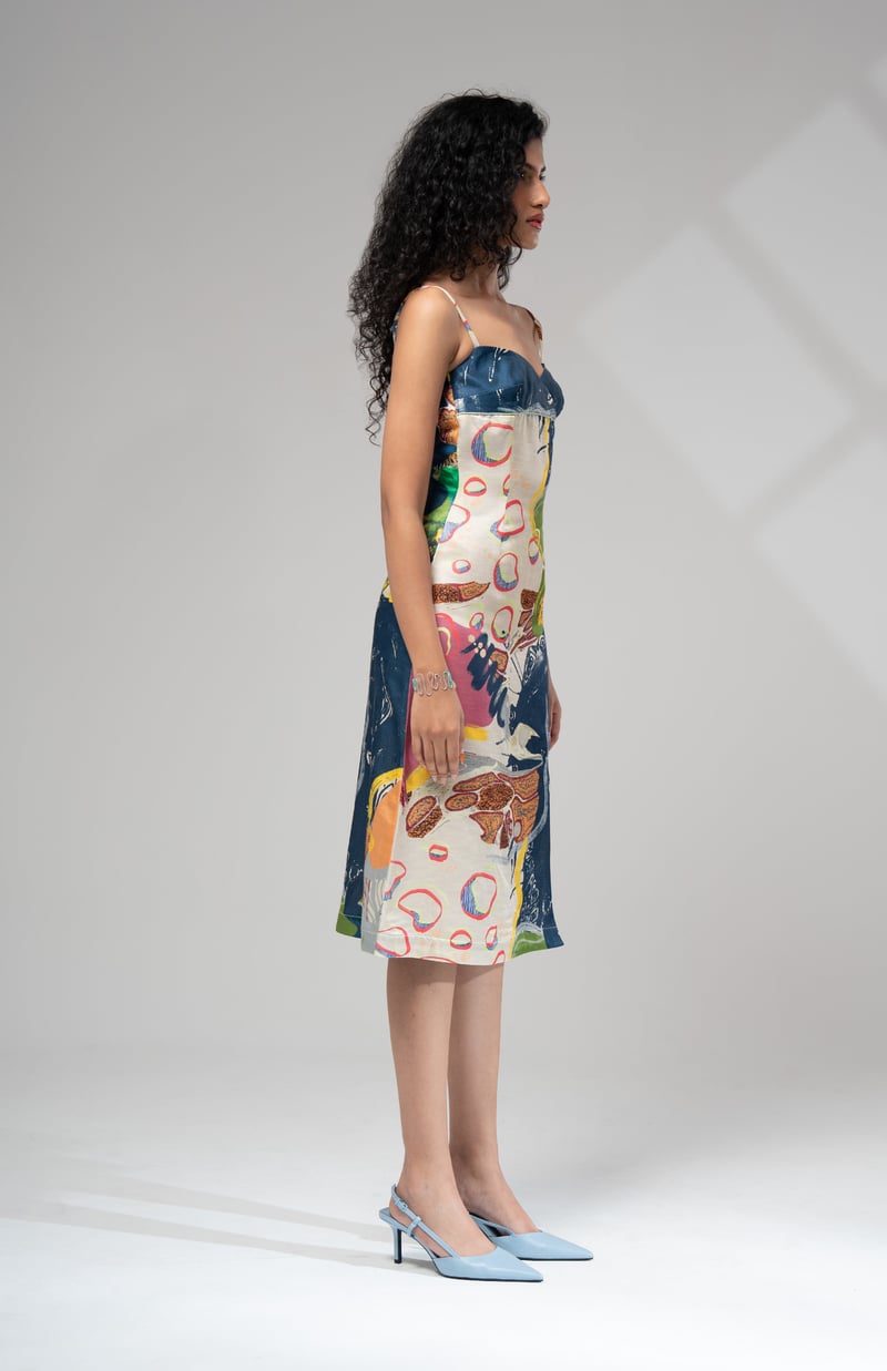 Multicolour Abstract Printed Satin Slip Midi Dress