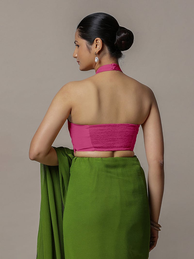 Hot Pink Halter Neck Sleeveless Saree Blouse