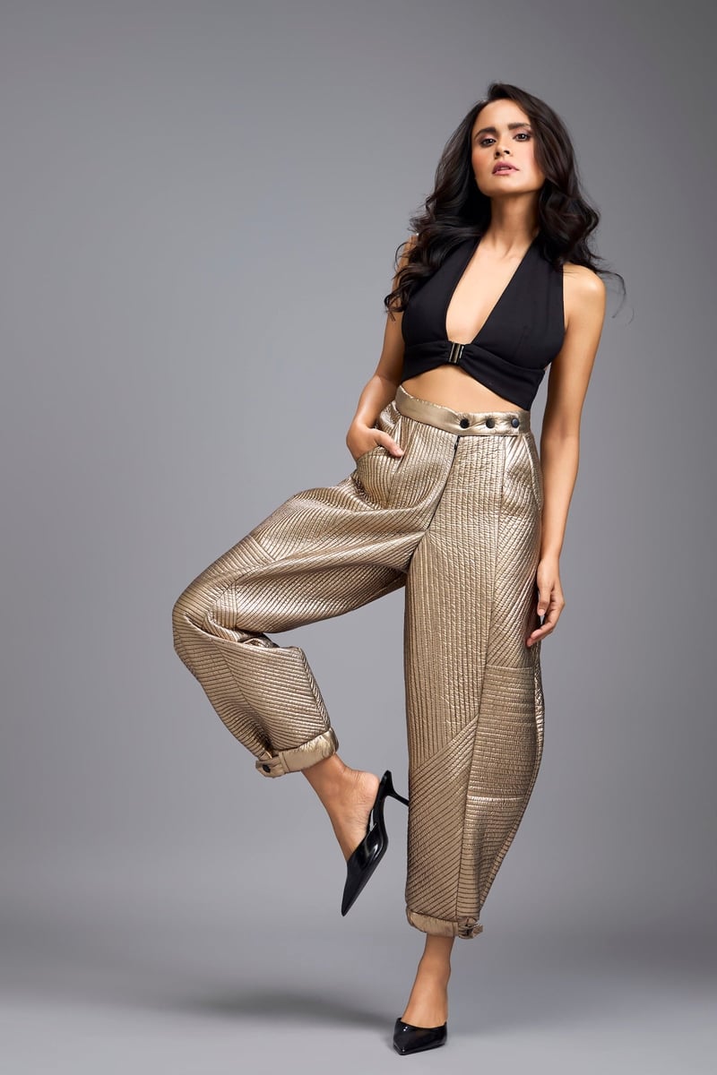 Gold Metallic Quilted High-Rise Balloon-Leg Trousers
