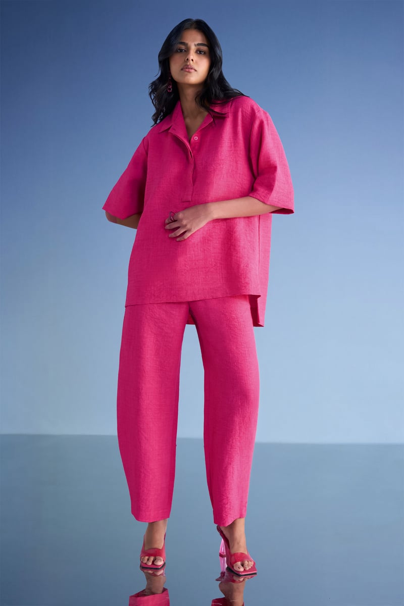 Linen-Textured High-Low Top & Straight-Cut Pant Set