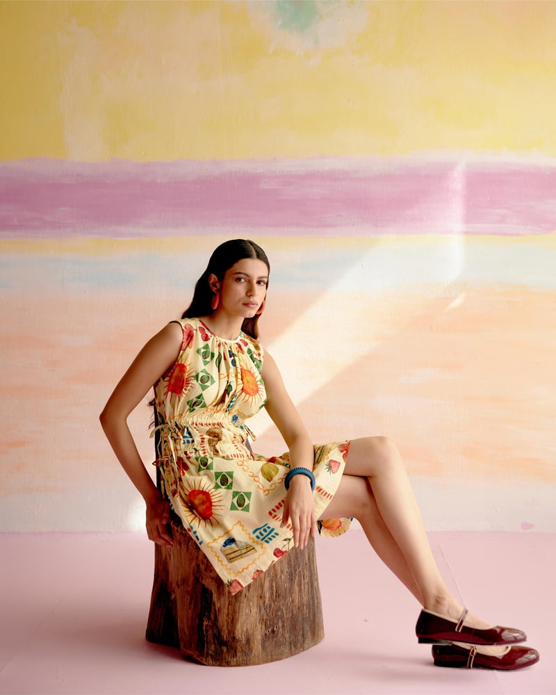 Yellow Tropical Print Sleeveless Cotton Knee-Length Dress